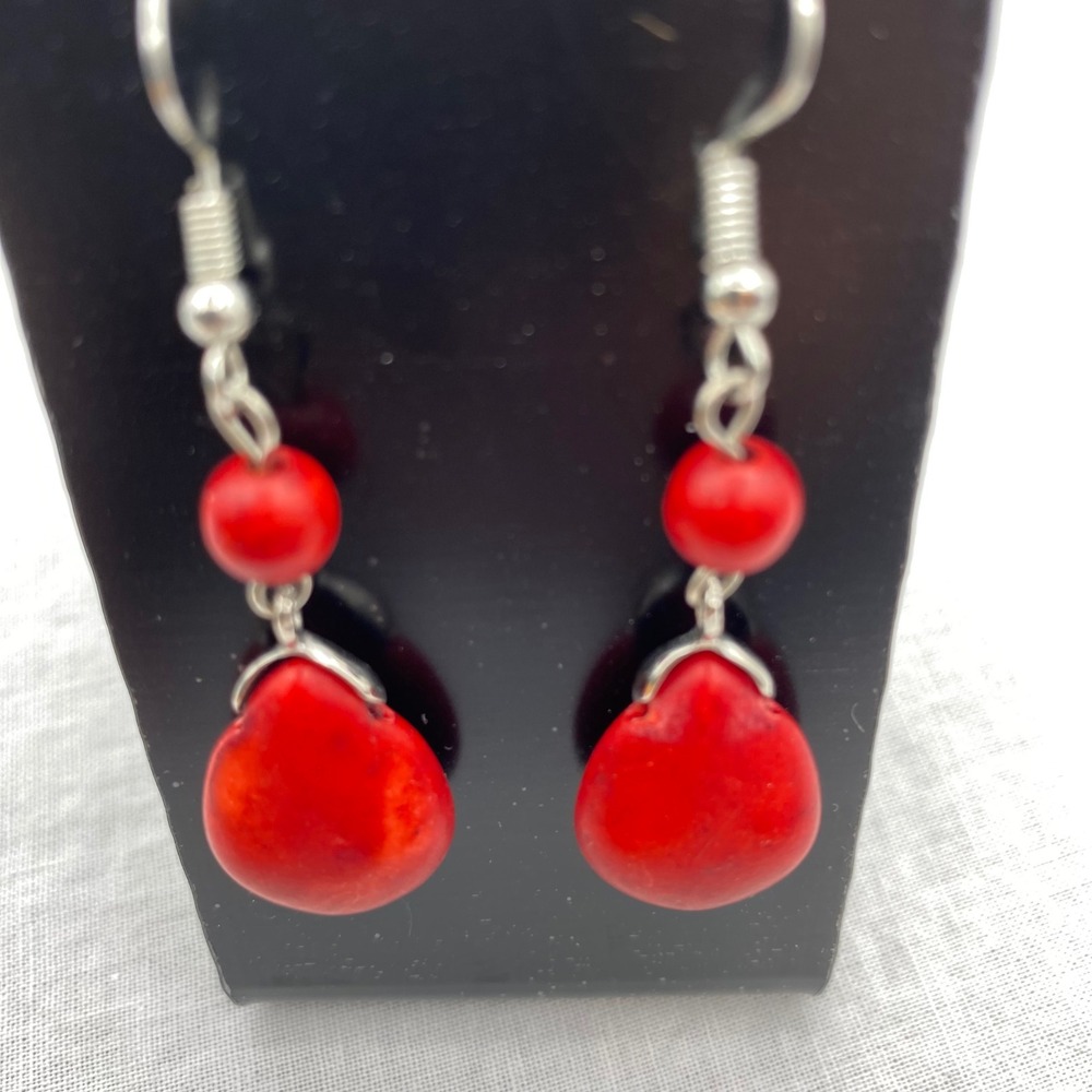 Red Teardrop Bead Drop Earrings Silver Tone Boho Dangle Crimson Statement Bold